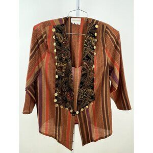 Vintage Susan Beebe Women's M Open Front Jacket Shirt Top Coin Fringe